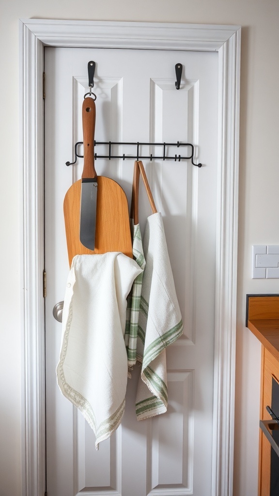Over-the-door rack with kitchen utensils and towels hanging on a door.
