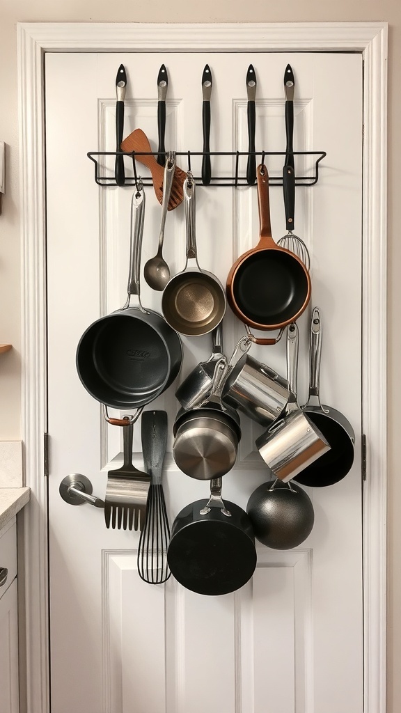 Over-the-door rack holding various kitchen pots and utensils