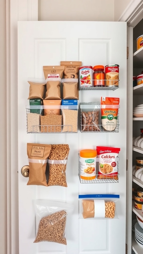 Over-the-door storage solution with shelves and bags for pantry organization.