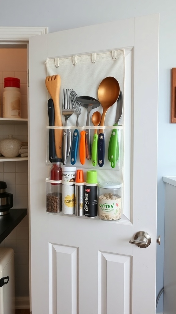 Over-the-door storage solution with utensils and containers on a kitchen cabinet door.
