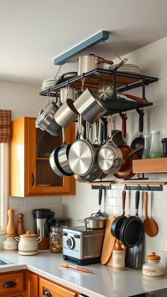 A stylish overhead pot rack displaying various pots and pans in a cozy kitchen.