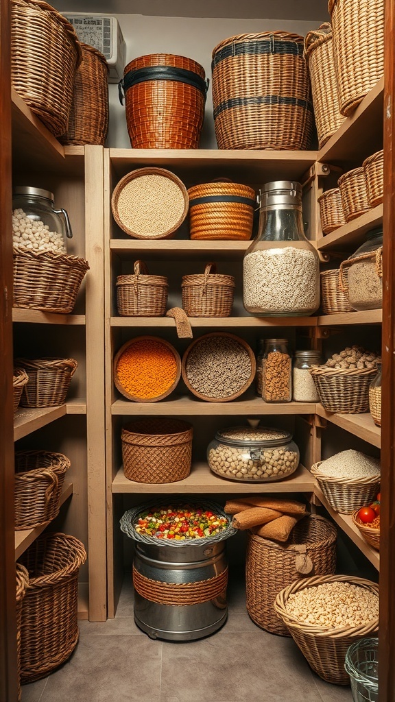 Organized pantry with various baskets for grains and pulses.