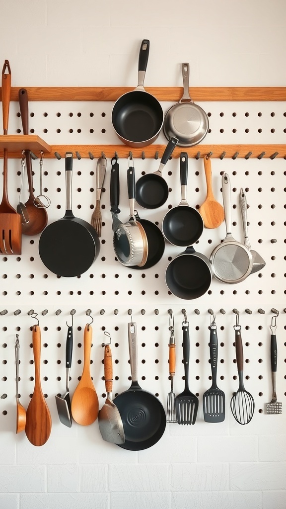 A pegboard organizer displaying various kitchen utensils and cookware.