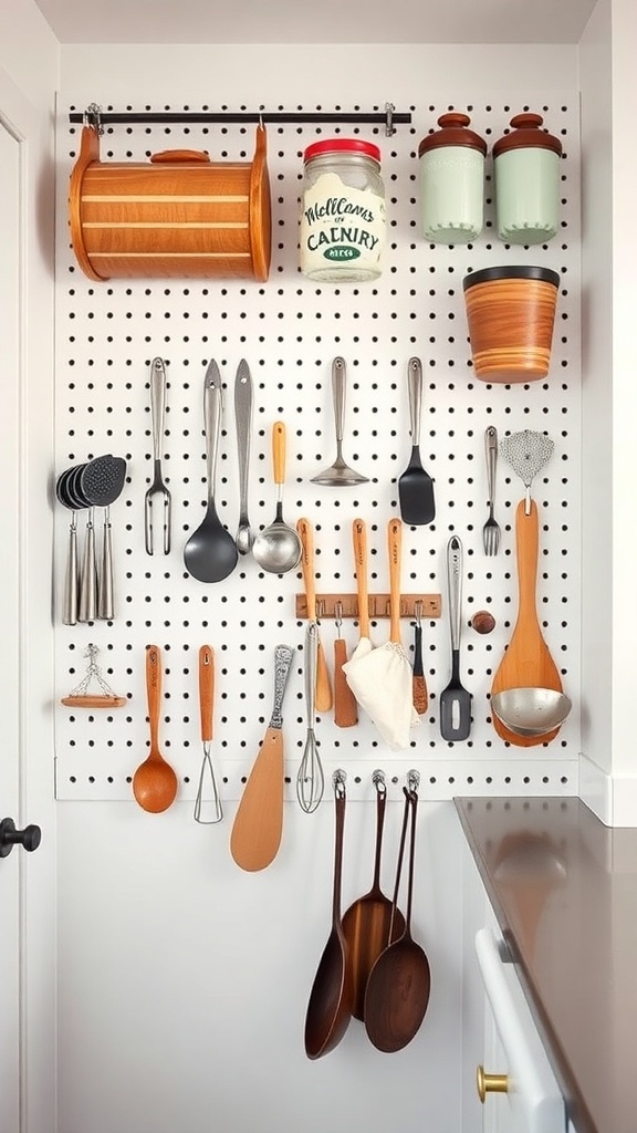 A pegboard in a kitchen displaying various kitchen tools and utensils.
