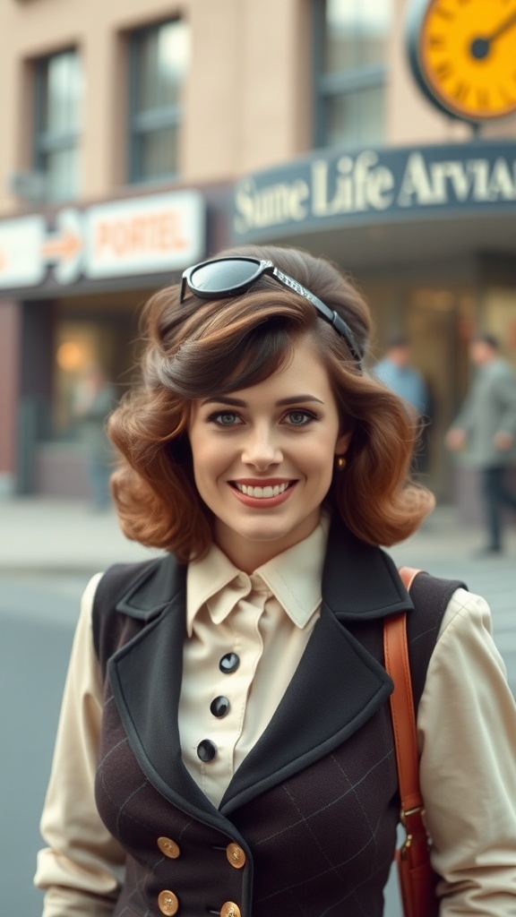 A woman with a stylish 70s curly hairstyle, smiling confidently in a vintage outfit.