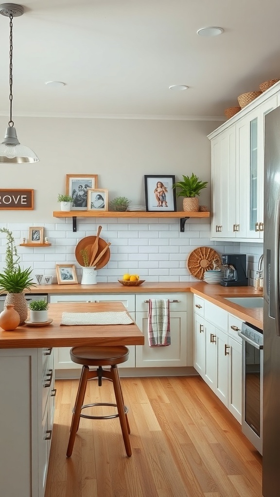 A bright modern farmhouse kitchen featuring wooden countertops, white cabinets, and personal decor items.