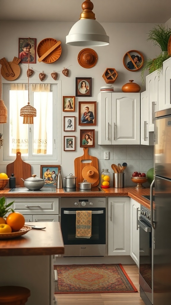 A cozy Indian kitchen with wooden utensils and family photos on the walls.
