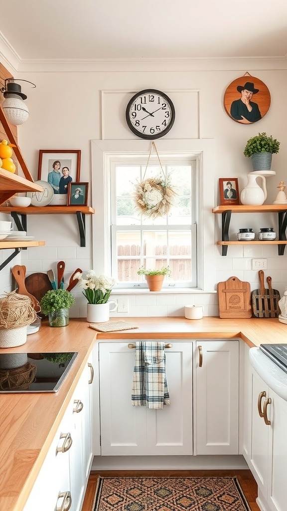A cozy contemporary farmhouse kitchen with personal decor including family photos, potted plants, and wooden utensils.