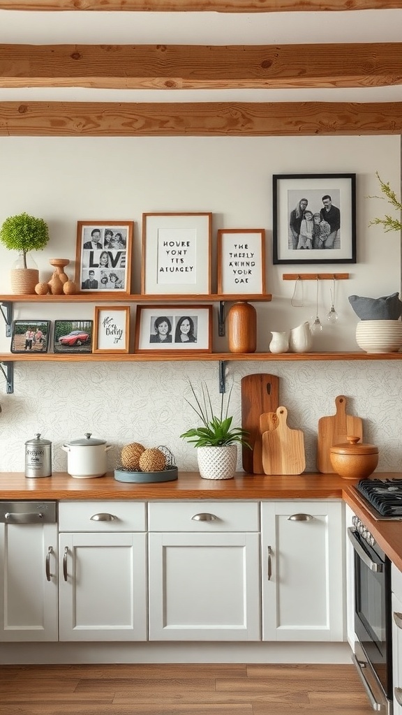 A modern rustic kitchen with wooden shelves displaying family photos and decorative items.