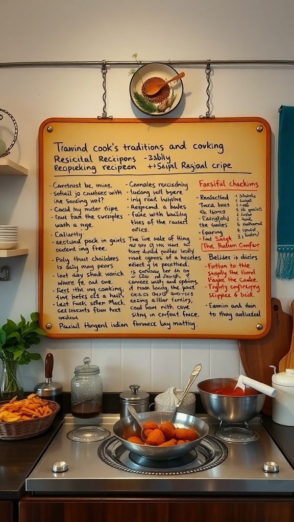 A colorful recipe board displaying various cooking instructions and tips in an Indian-style kitchen.