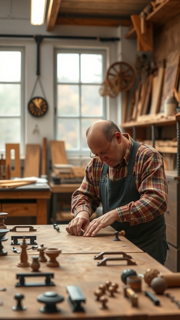 A craftsman working on various kitchen cabinet handles and pulls in a workshop.