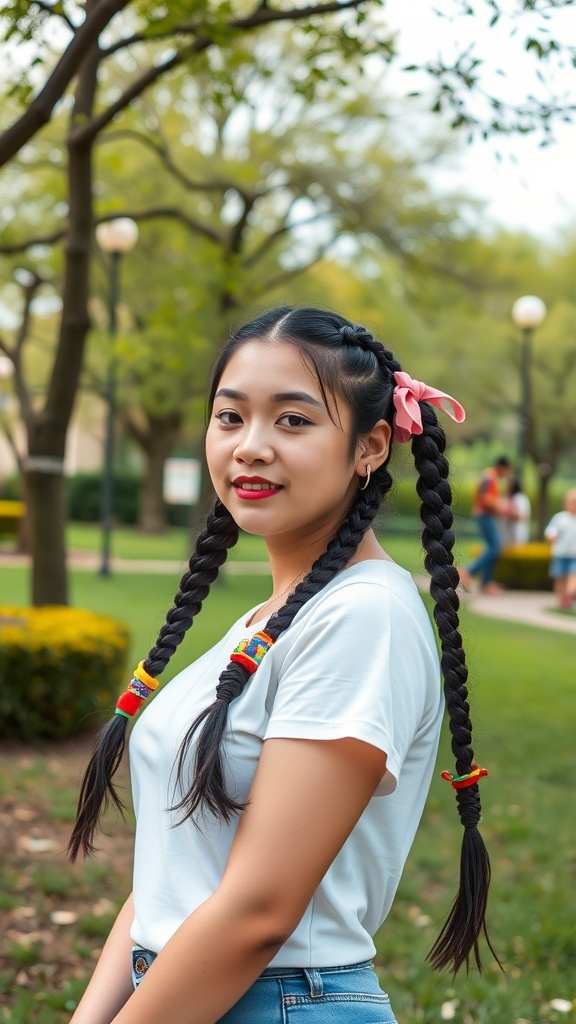 A young woman with pigtail braids decorated with colorful accessories, smiling in a park setting.