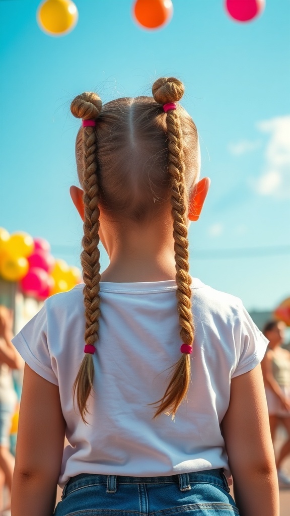 A young girl with two pigtail braids, each tied with colorful hair ties, standing with her back to the camera, surrounded by balloons.