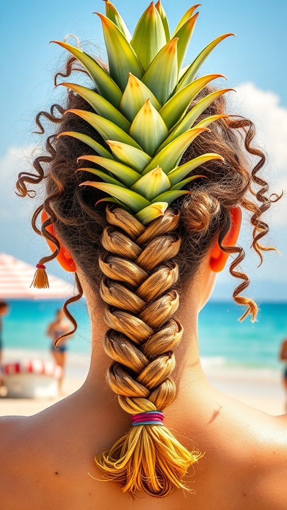 A woman with curly hair styled in a pineapple braid, featuring a pineapple on top, with a beach background.