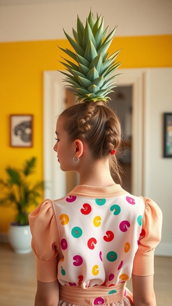 A person with a pineapple updo hairstyle, showcasing curly hair and a colorful outfit.