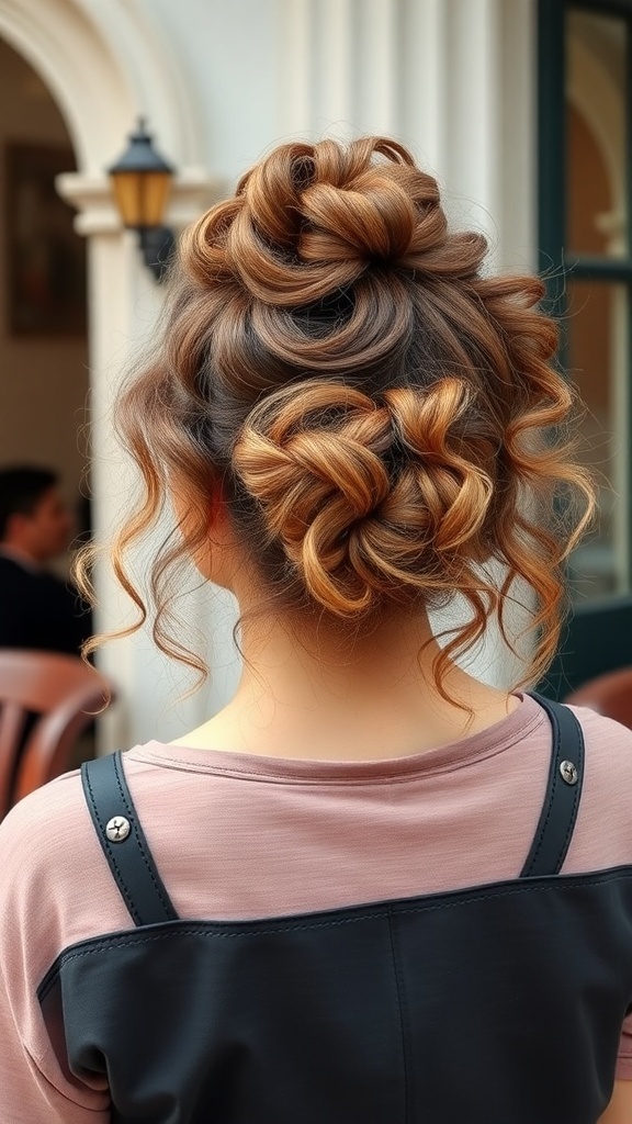 A woman with curly hair styled in an elegant pinned-up hairstyle, showcasing a mix of dark and light tones.