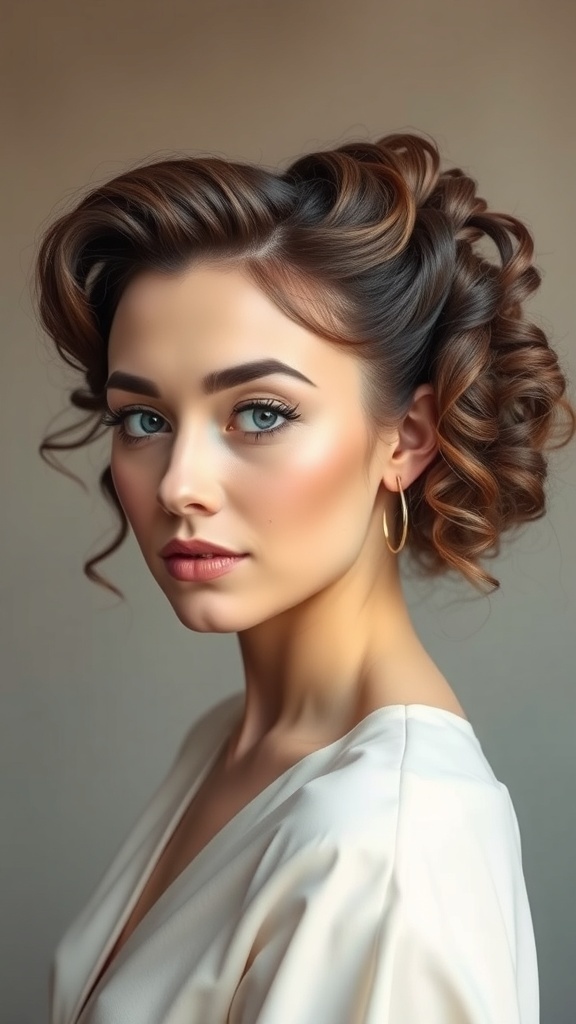 A woman with curly hair styled in pinned back curls, showcasing elegance and sophistication.