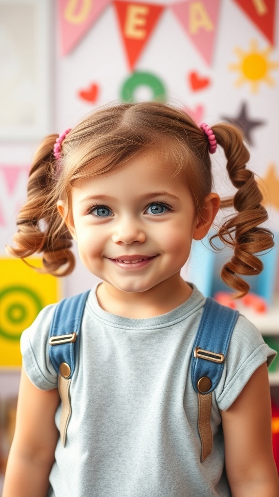 A smiling child with curly pigtails, wearing a gray shirt with blue straps, in a colorful setting.
