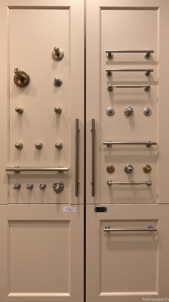Various hardware options displayed on taupe kitchen cabinet doors.