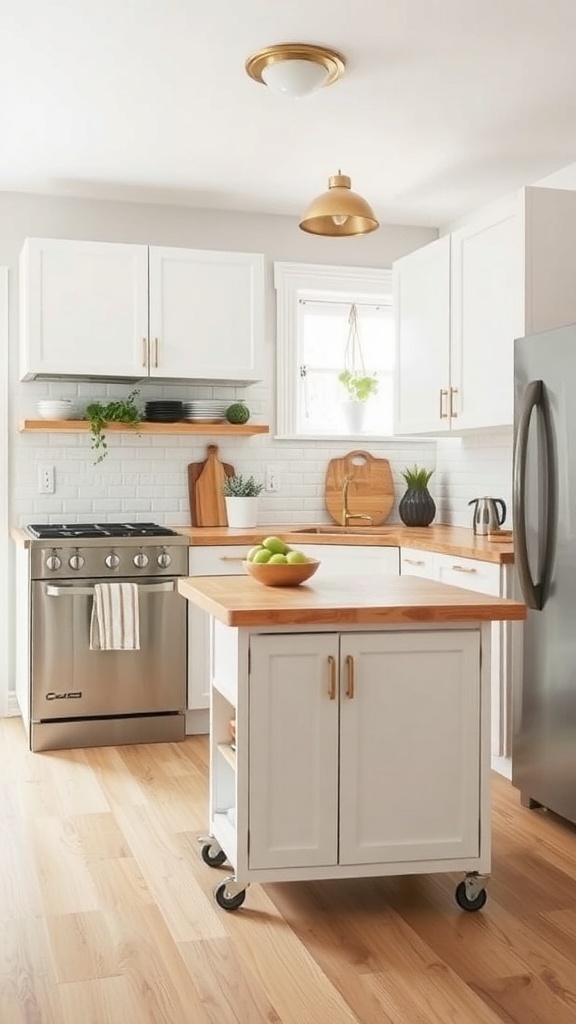 A bright and modern kitchen featuring a portable kitchen island with a wooden top and white cabinets.