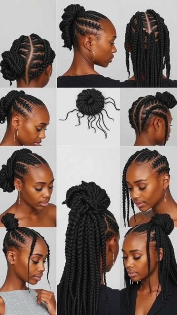 A collage of various knotless braid hairstyles, showcasing different styles and lengths.
