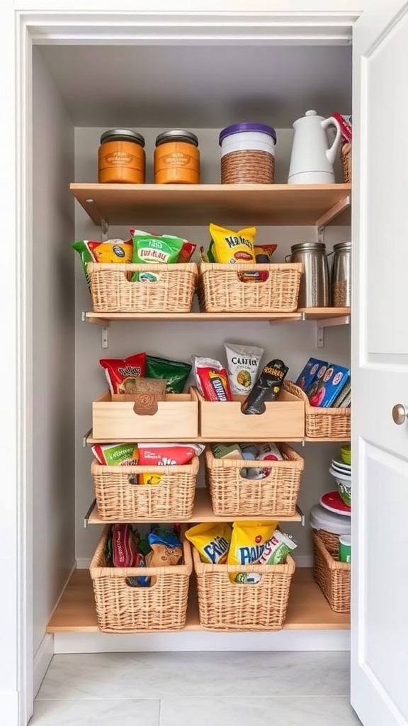Organized pantry with pull-out baskets and shelves