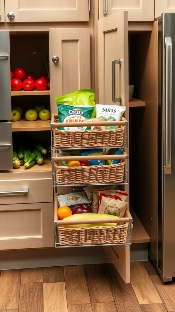 Pull-out baskets in kitchen cabinets filled with fruits and snacks.