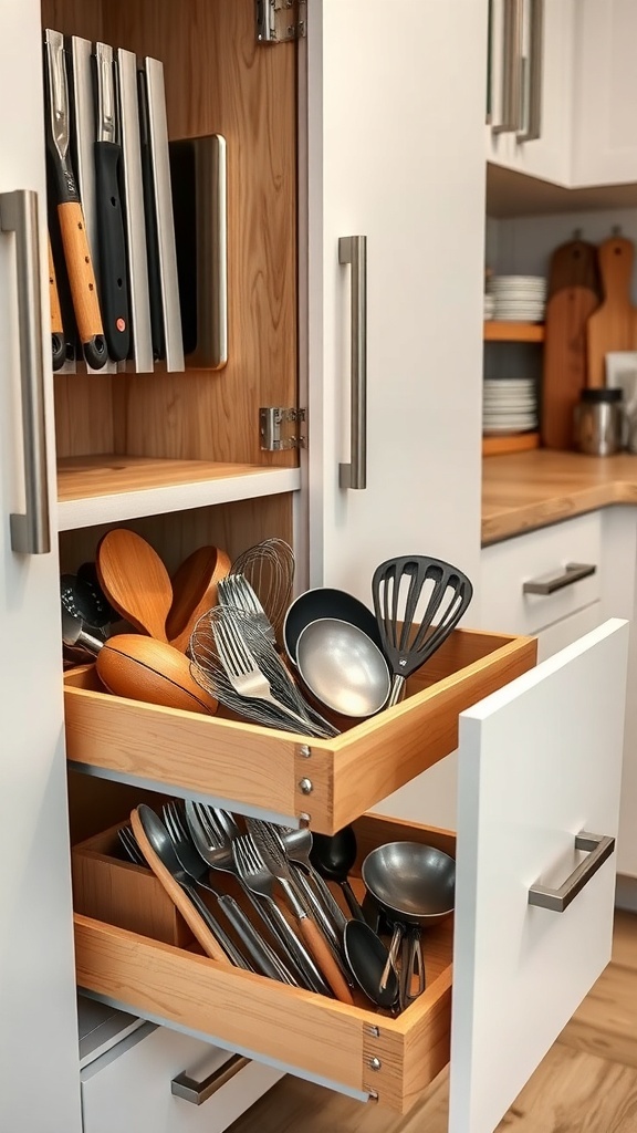 A kitchen cabinet with pull-out drawers filled with various utensils and tools.