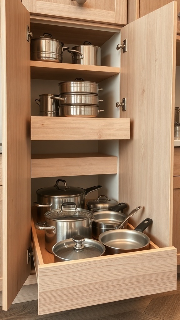 Pull-out drawers in a kitchen cabinet with pots and pans.