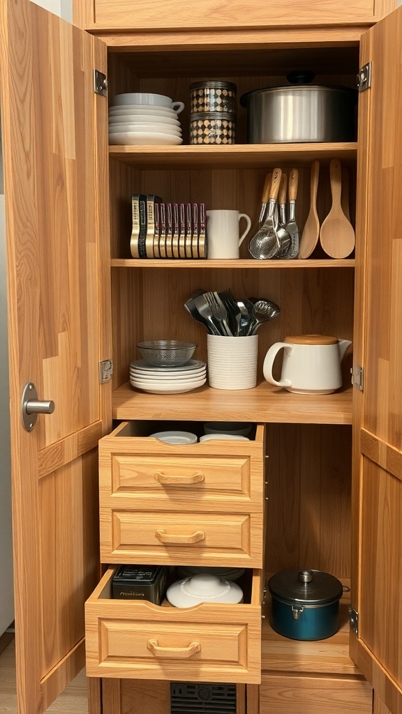 A corner kitchen cabinet featuring pull-out drawers and organized kitchenware.