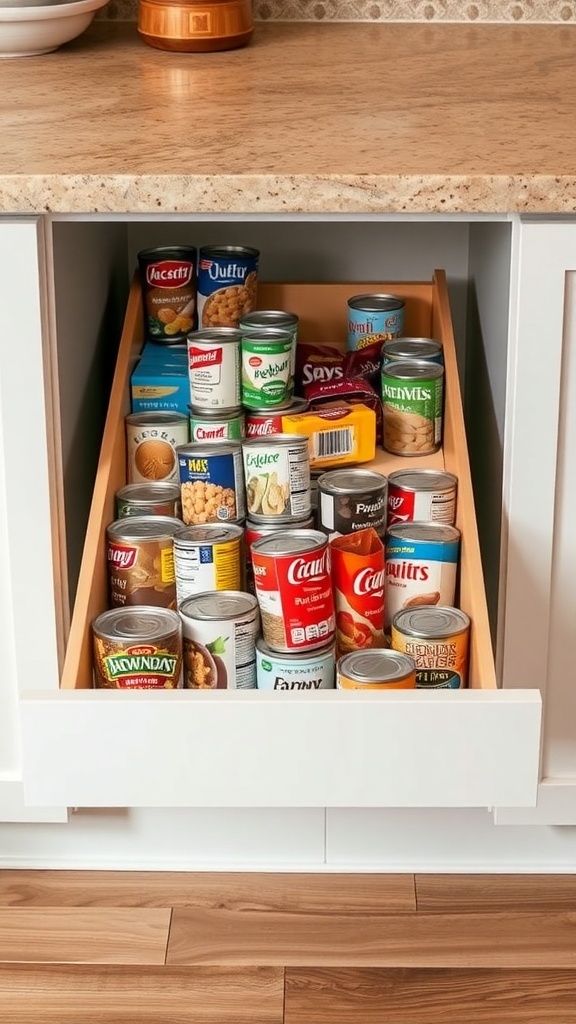 A pull-out pantry drawer filled with various canned goods and snacks.