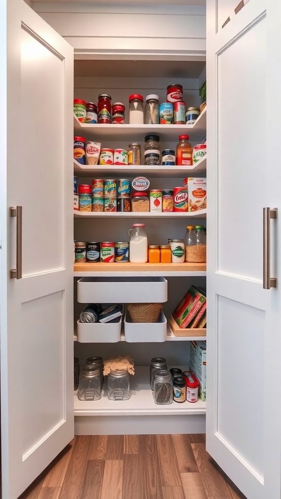 A well-organized pull-out pantry with various jars and cans neatly arranged on shelves.