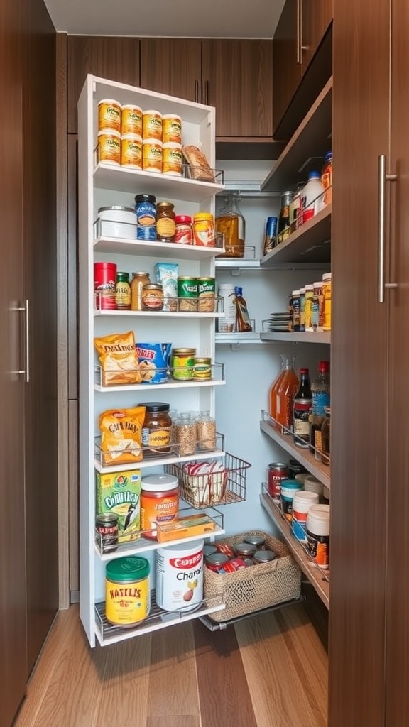 A pull-out pantry shelf filled with various food items, showcasing an organized kitchen space.