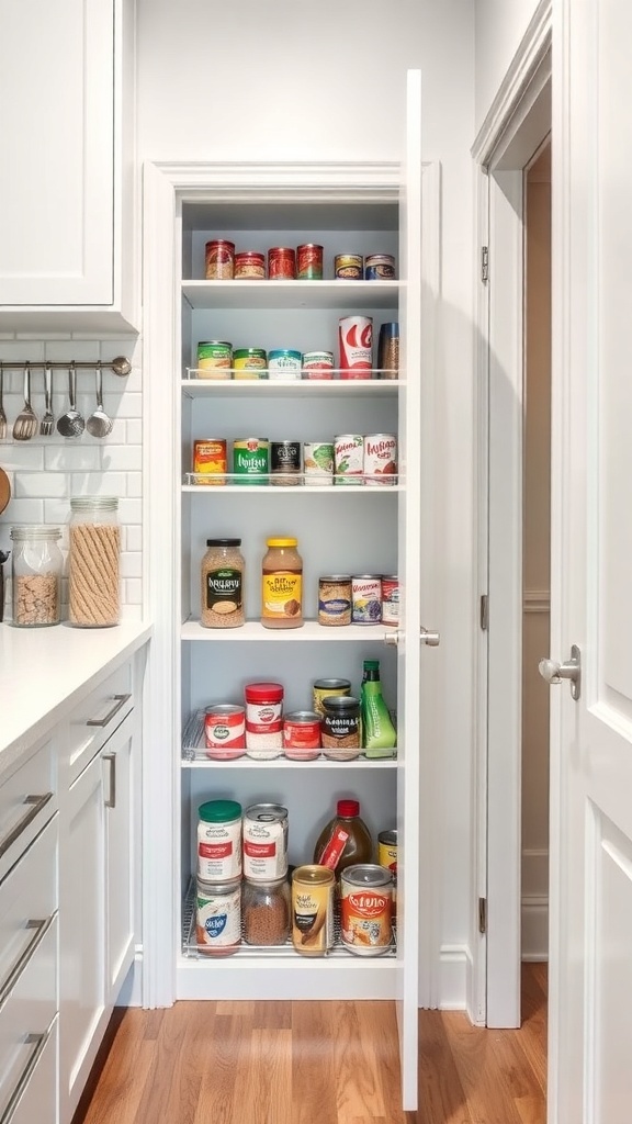 A pull-out pantry with shelves filled with various jars and cans, showcasing an efficient use of kitchen space.
