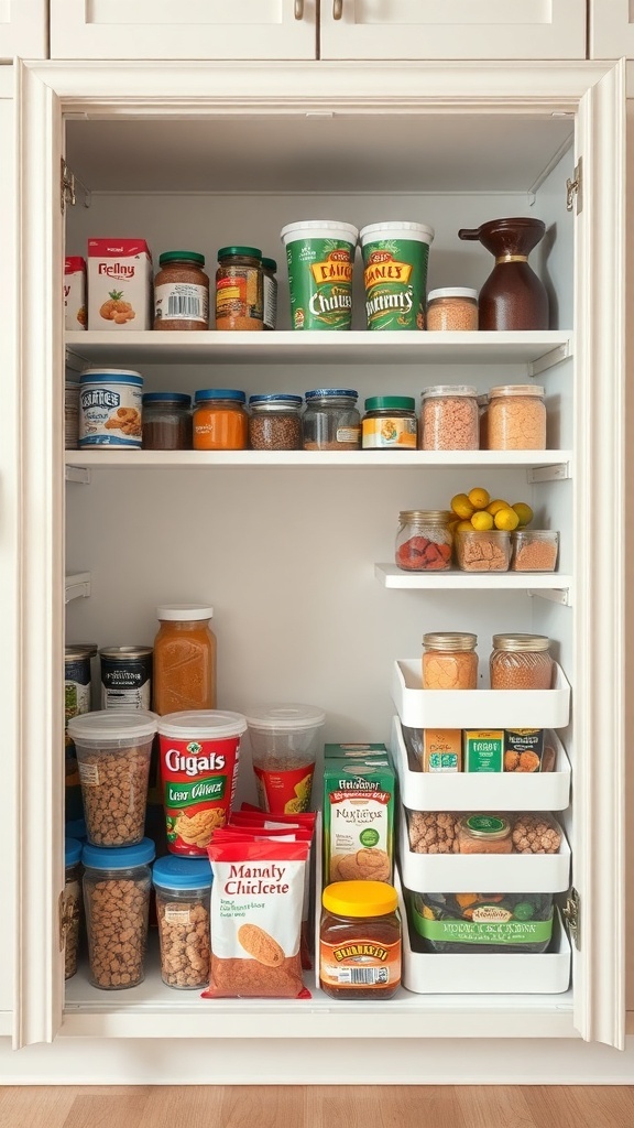 Organized pull-out pantry system with jars and containers.