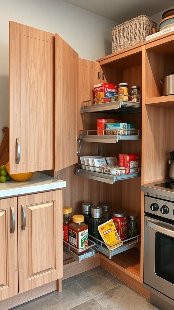 Pull-out shelves in a kitchen cabinet filled with jars and spices.