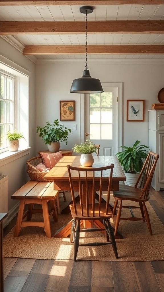 A cozy dining nook featuring wooden furniture, plants, and natural light.