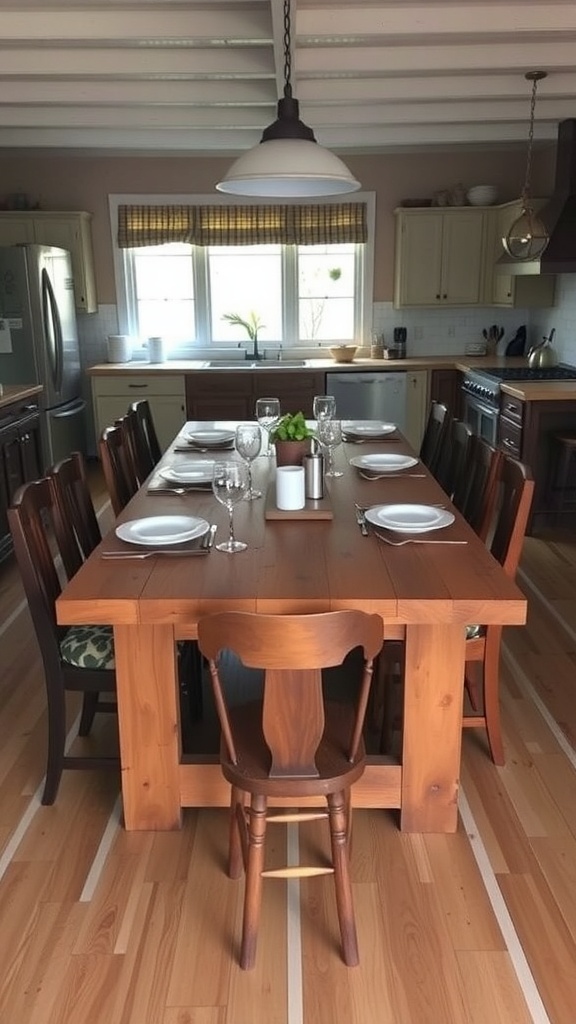 A rustic farmhouse kitchen featuring a reclaimed wood dining table set for a meal.