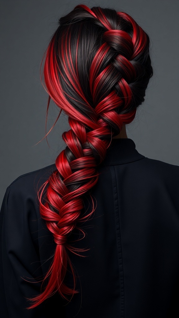 A person with a red and black ombre braid hairstyle.
