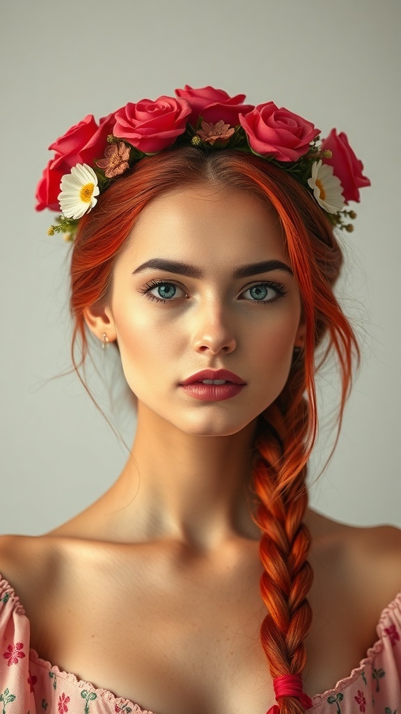 A woman with red braided hair and a floral crown, showcasing a beautiful hairstyle.