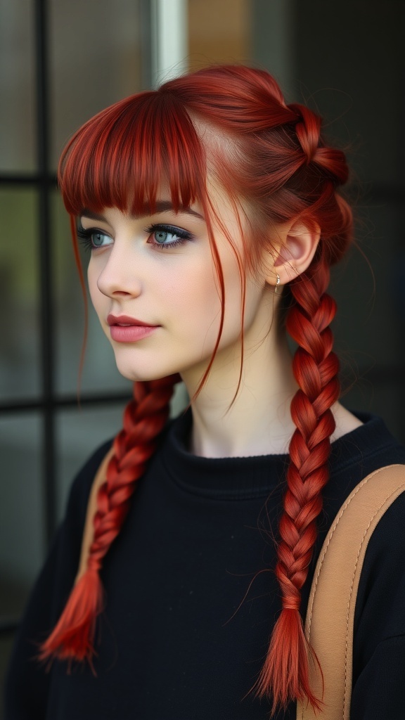 A young person with red braided hair and bangs, showcasing a stylish look.