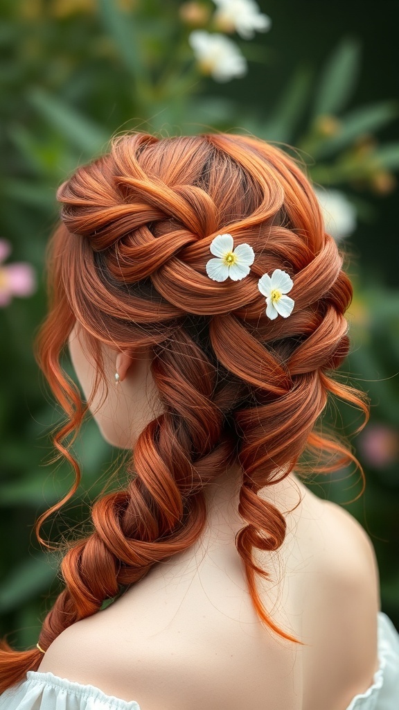 A woman with red braided hair styled half-up, adorned with white flowers.