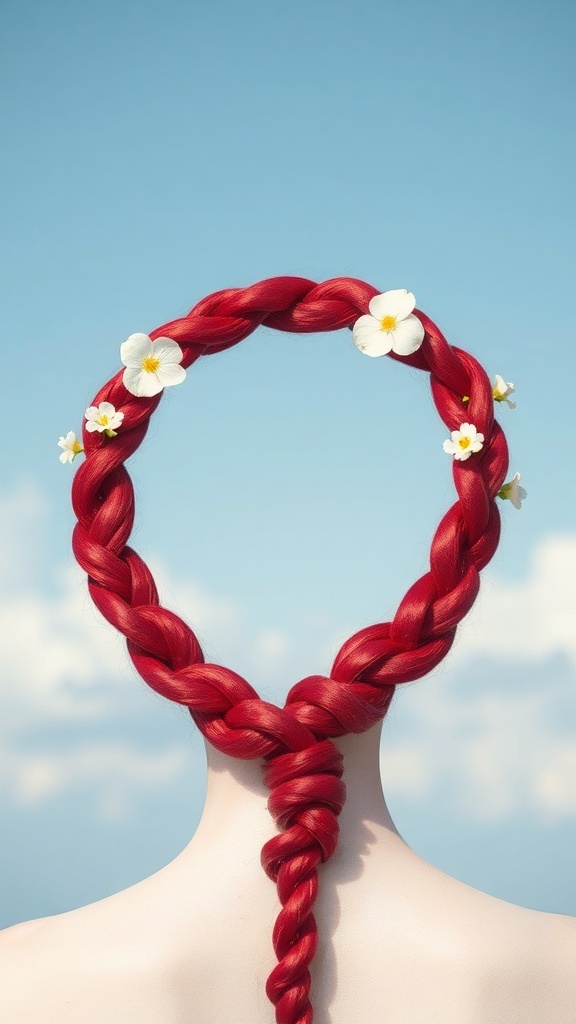 A red braided hairstyle forming a halo shape with flowers, set against a blue sky.