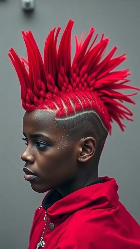 A striking red braided mohawk hairstyle with spiked braids and shaved sides.