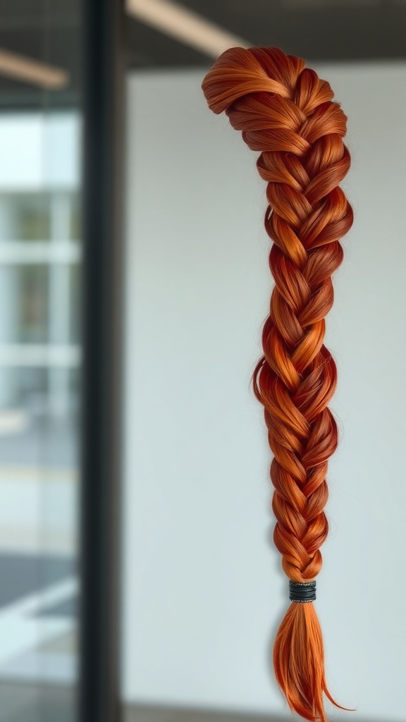 A vibrant red braided ponytail showcasing shades of red and orange.