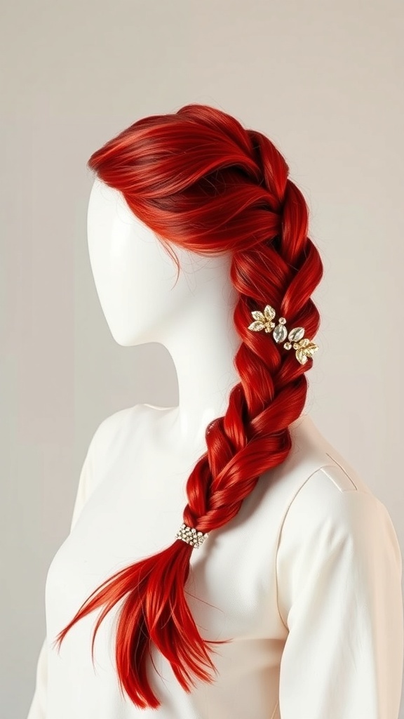A red braided side bun hairstyle with decorative accessories