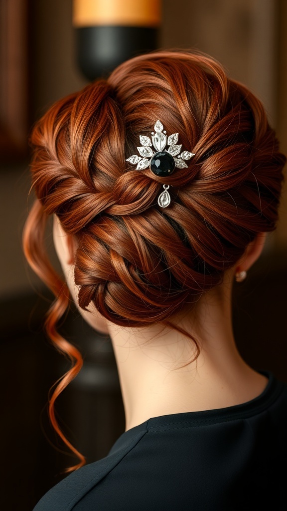 A beautiful red braided updo hairstyle with a decorative hair accessory.