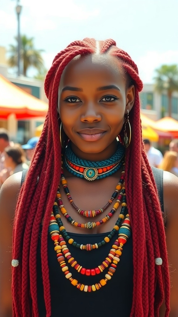 A woman with long red braids adorned with colorful beads, wearing layered necklaces, smiling at a vibrant outdoor setting.