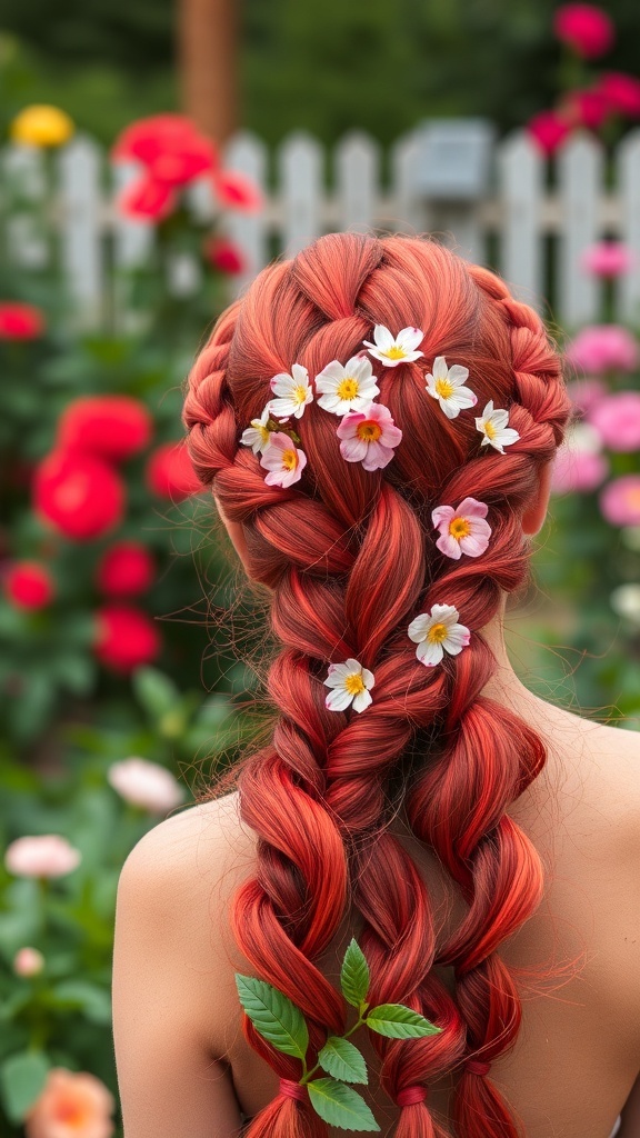 A person with red braided hair decorated with flowers, standing in a garden with colorful roses.