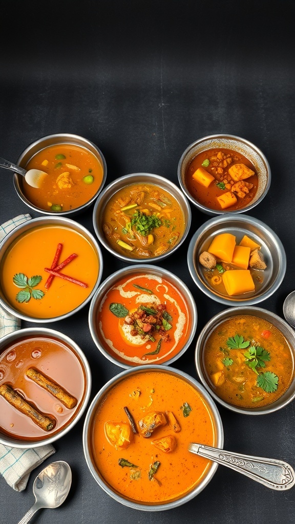 A variety of sambar dishes in bowls, showcasing different ingredients and colors.